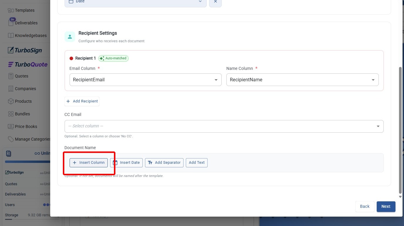 Document name builder with Insert Column, Insert Date, and Add Separator controls