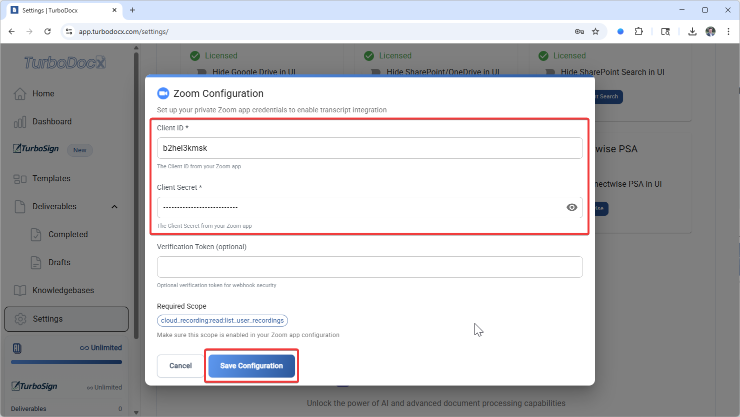 Enter Client ID Secret and Press Save Configuration