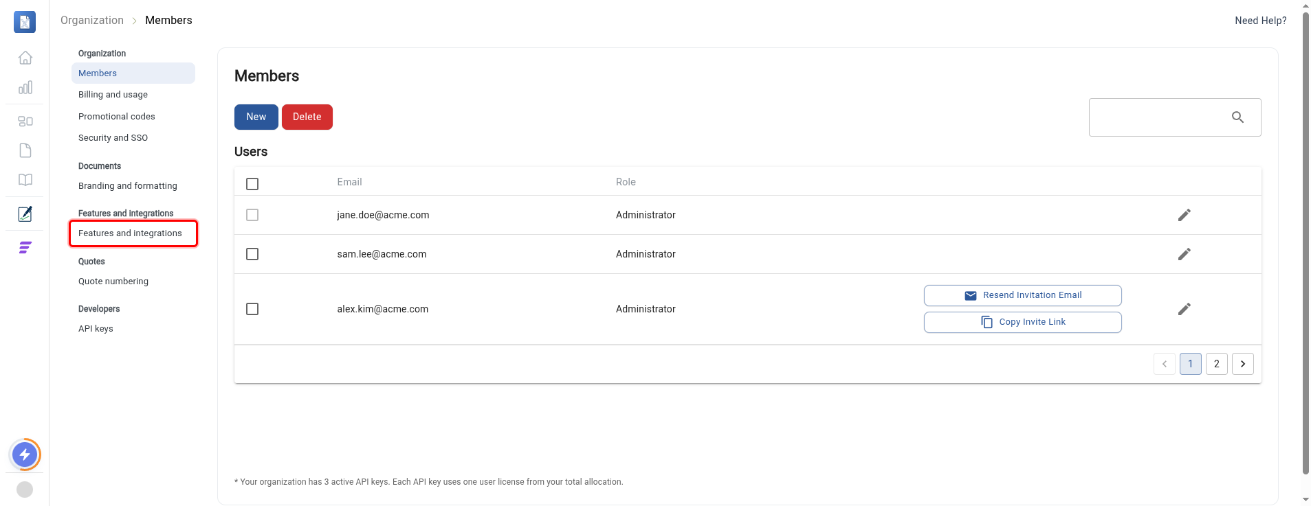 Settings menu with Features and integrations highlighted