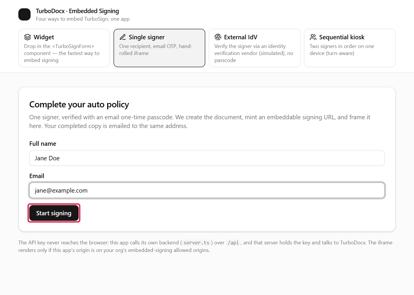 The host app form with the Start signing button highlighted