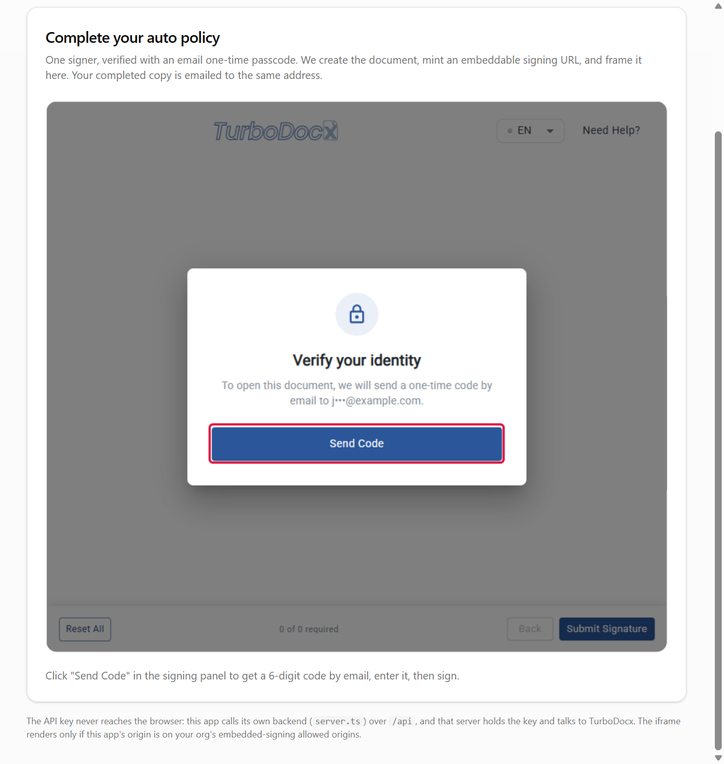 The Verify your identity panel inside the host app, with the Send Code button highlighted