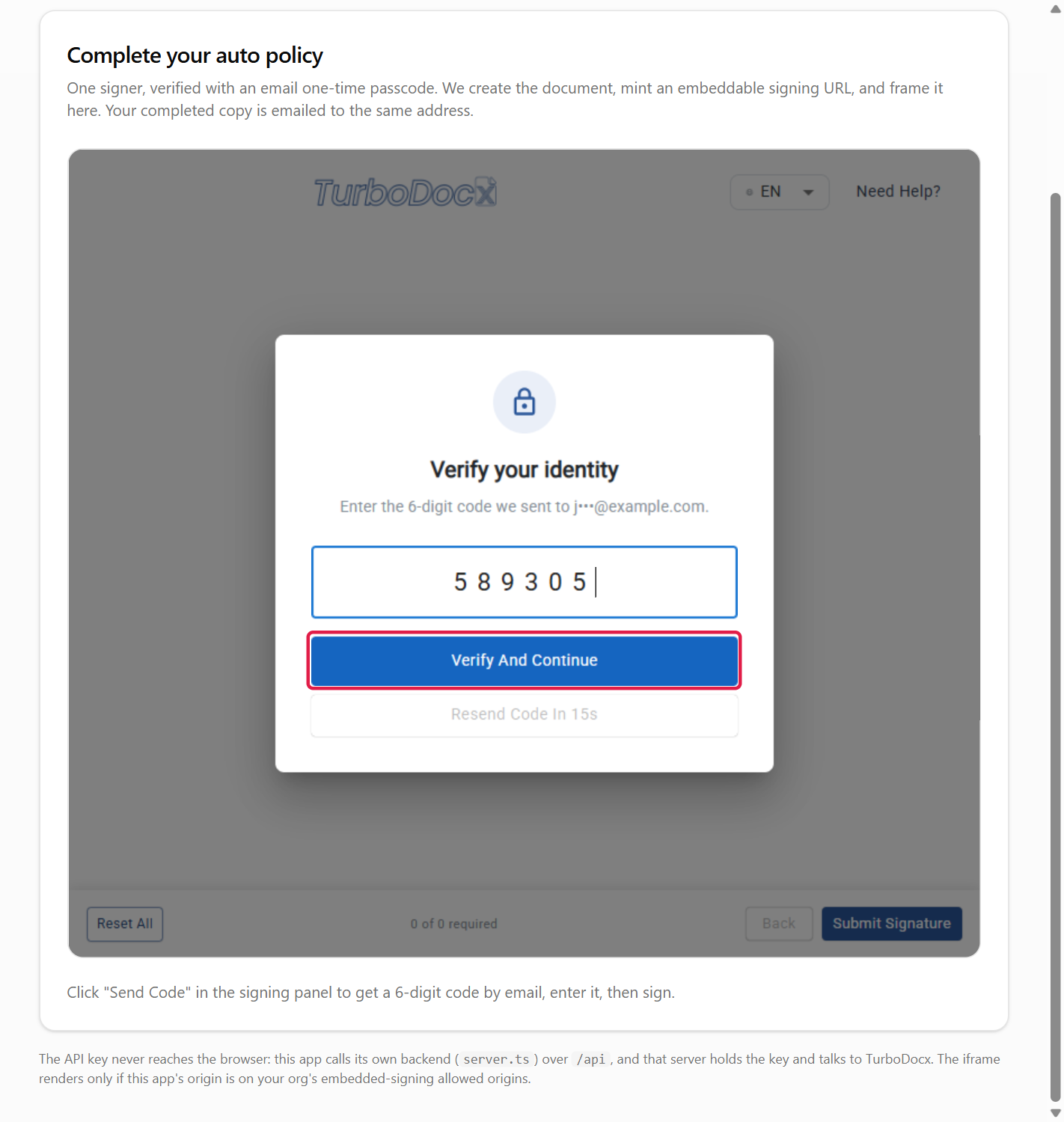 The code entry panel with the Verify And Continue button highlighted