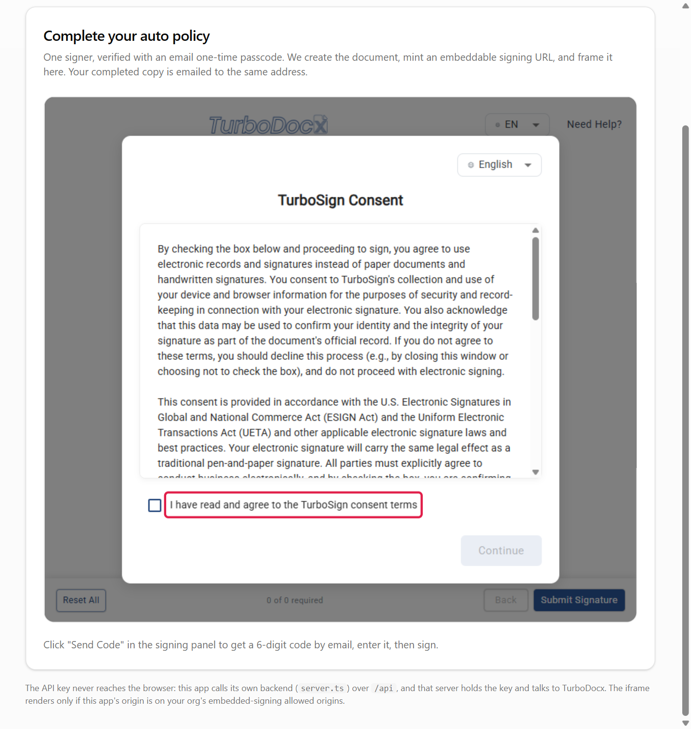 The TurboSign Consent panel with the consent statement highlighted; the checkbox is just to its left, and Continue is below