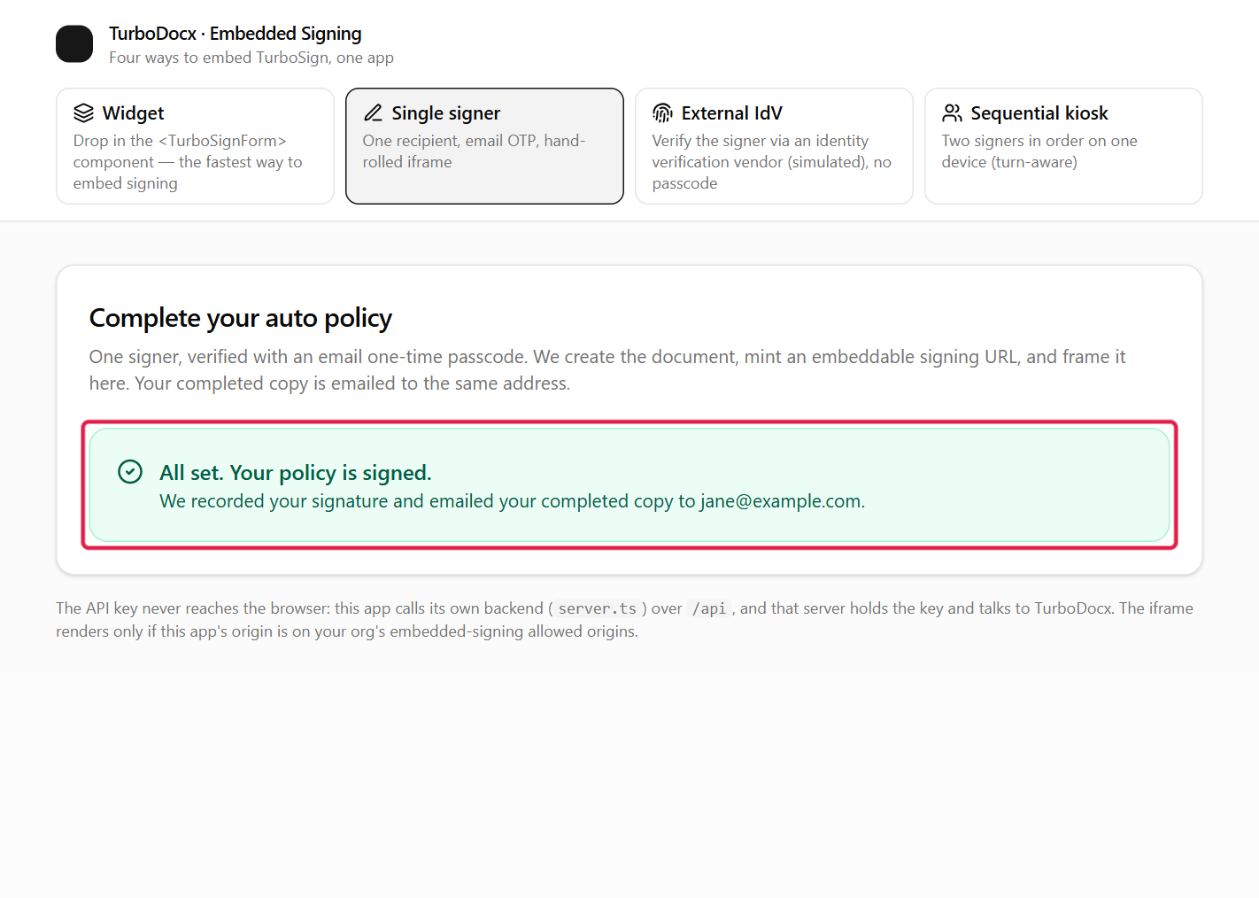 The host app's All set confirmation highlighted after signing