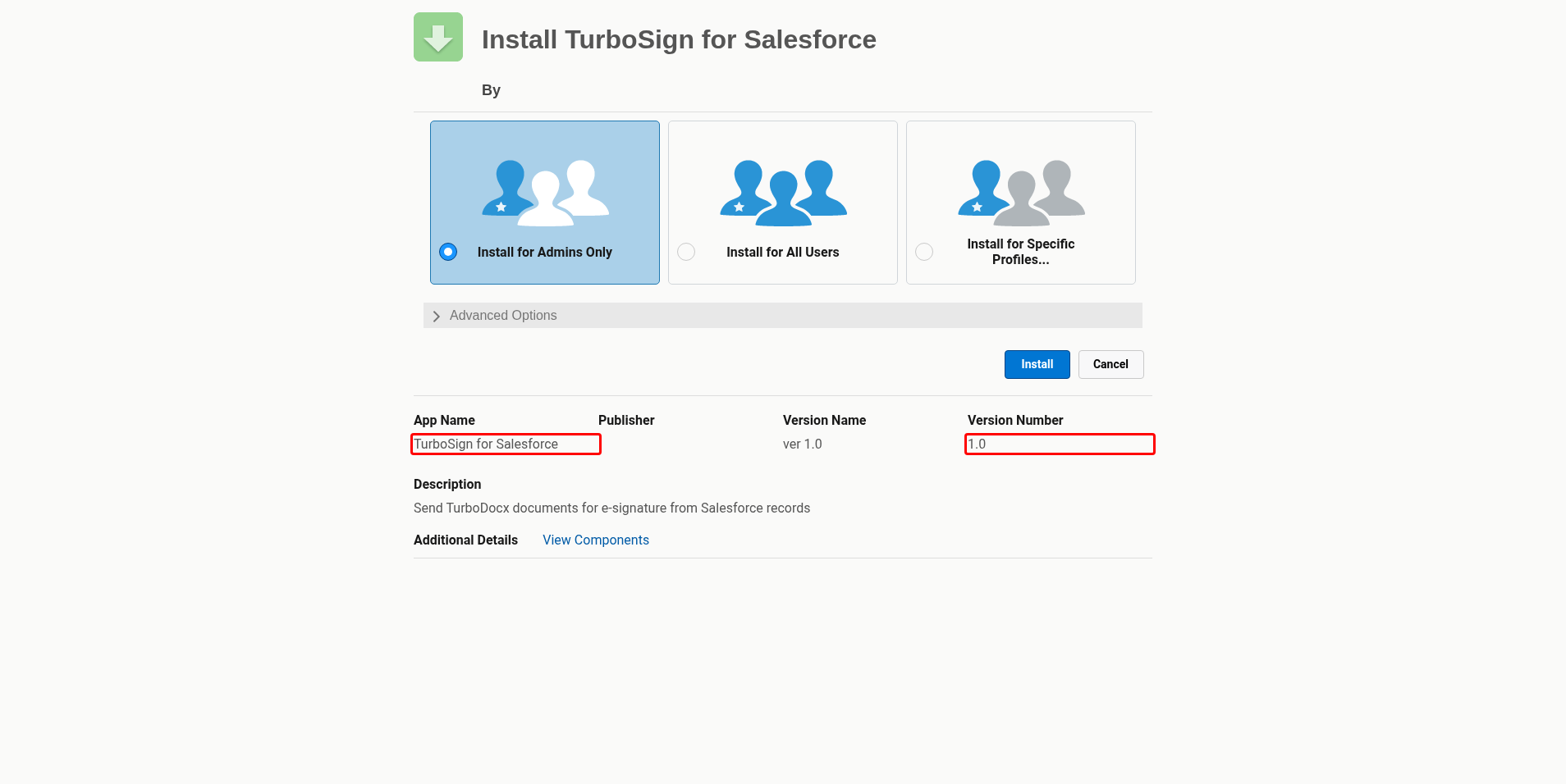 Package install page with the app name and version number highlighted