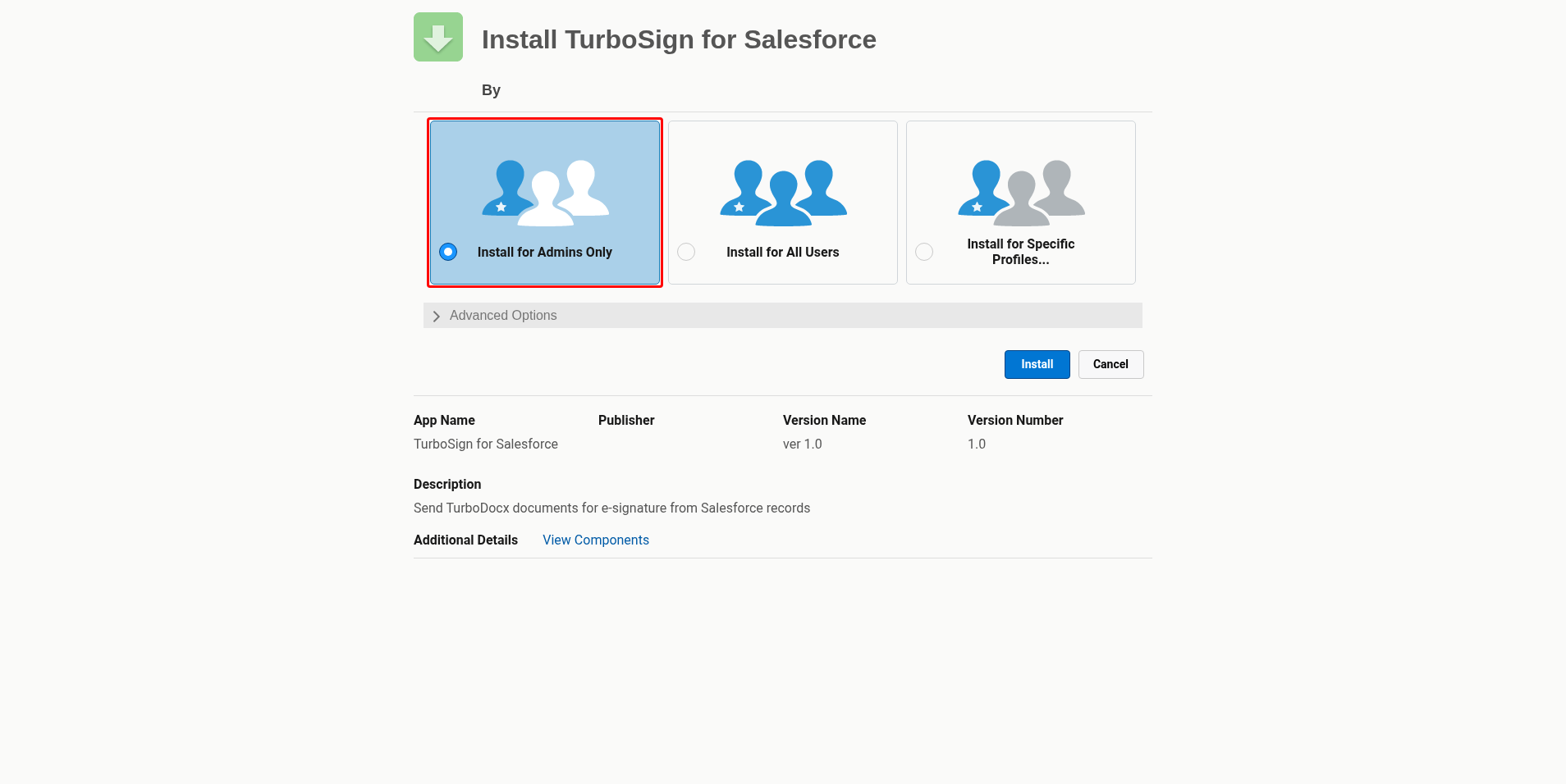 Install options with Install for Admins Only highlighted
