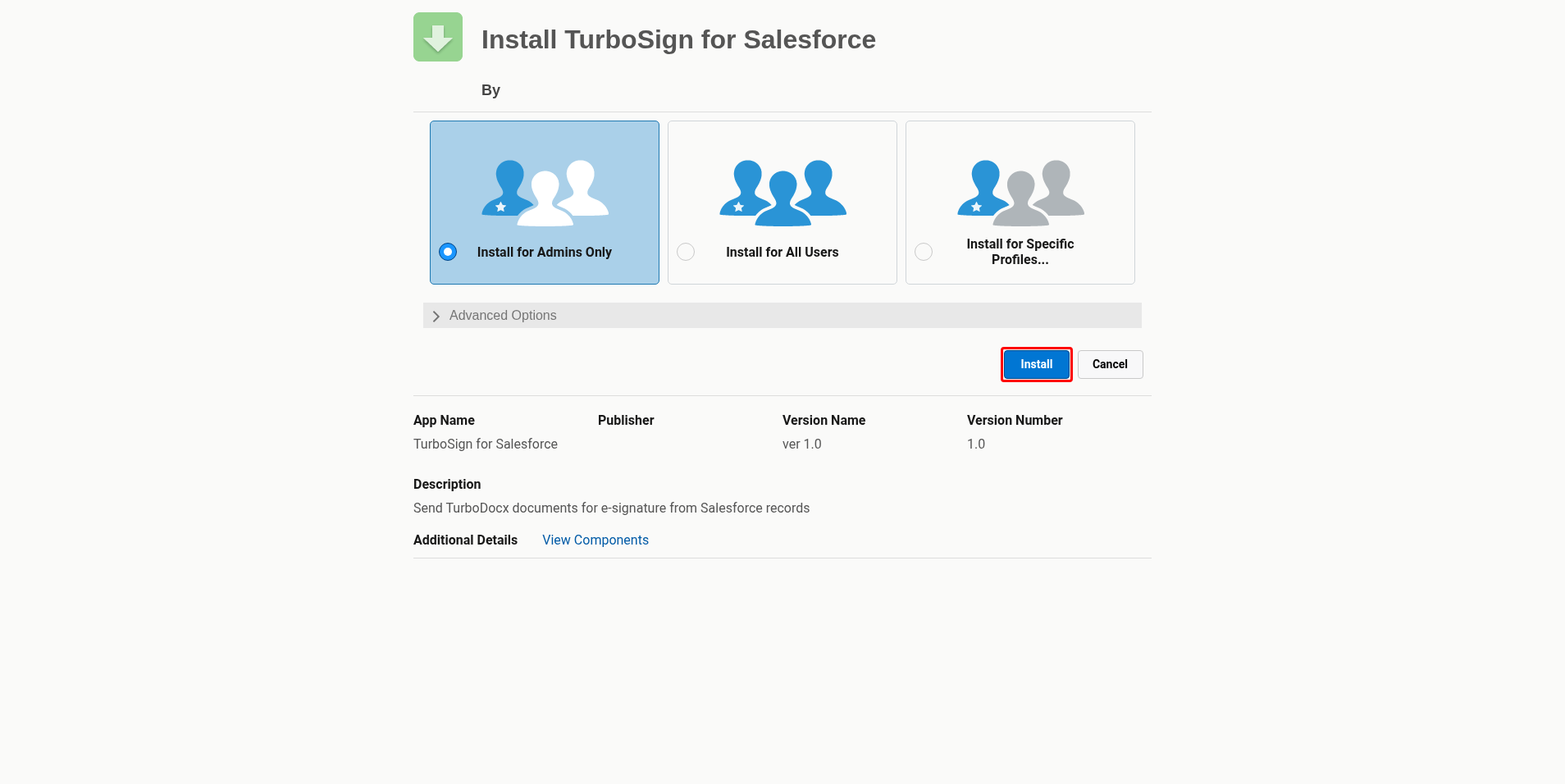 Install button highlighted