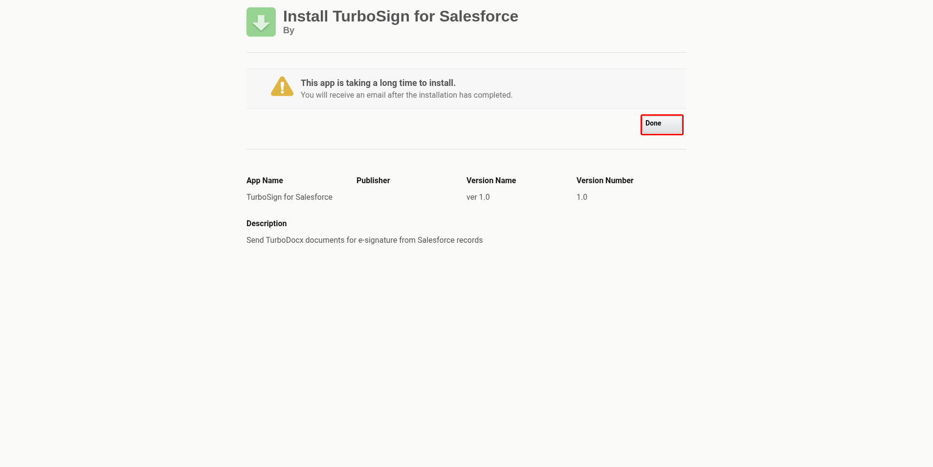 Install page saying the app is taking a long time to install, with the Done button highlighted