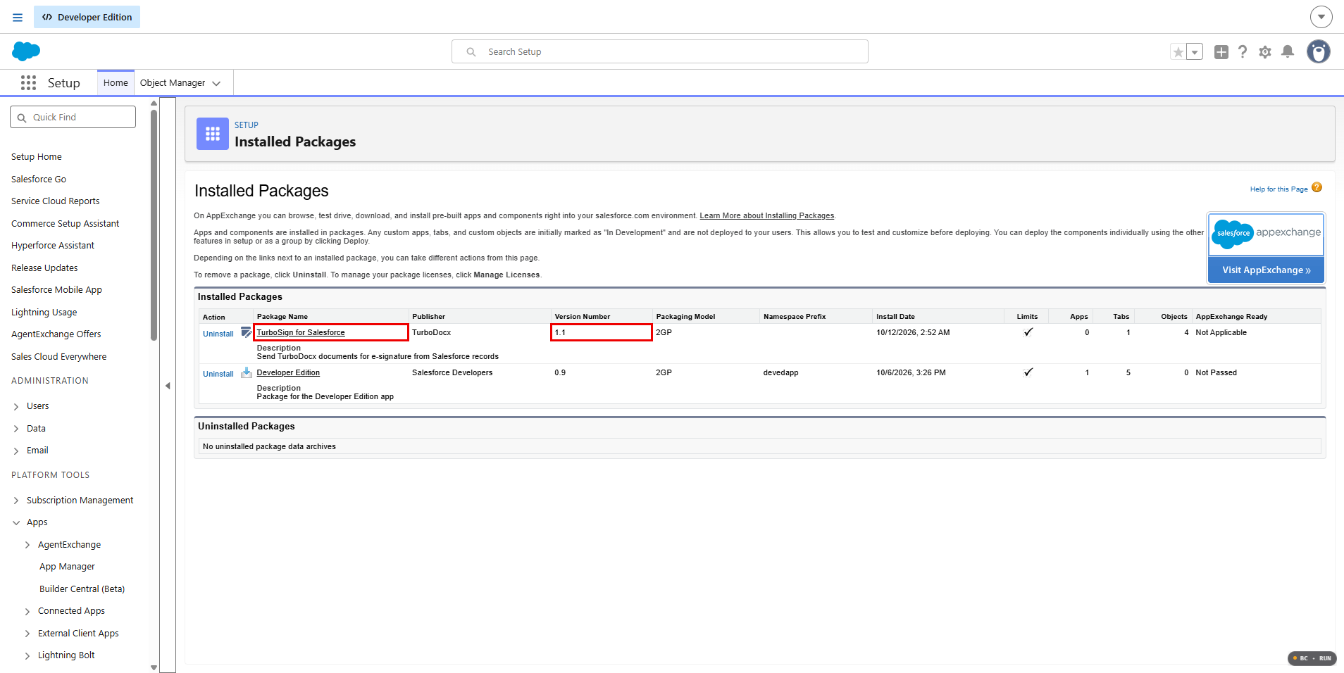 Installed Packages list with TurboSign for Salesforce and its Version Number highlighted