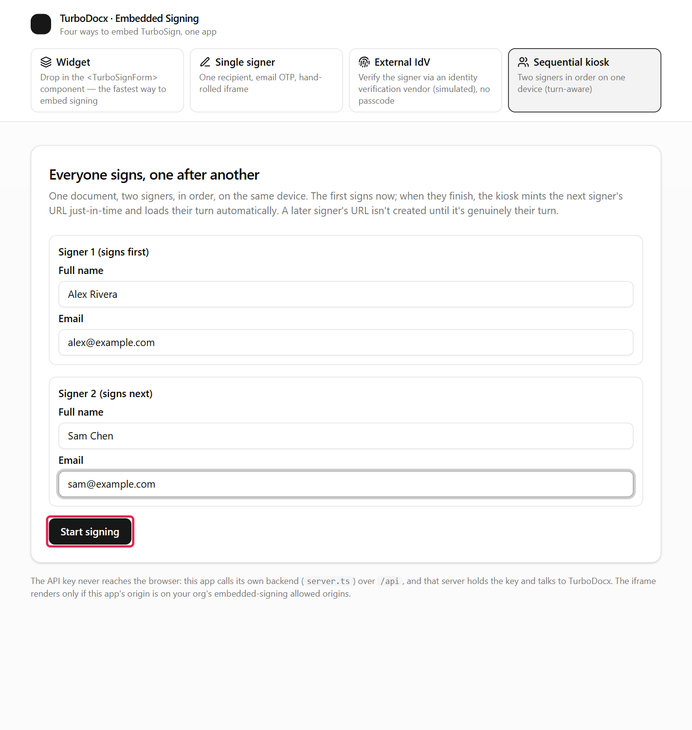 The kiosk form with two signers and the Start signing button highlighted