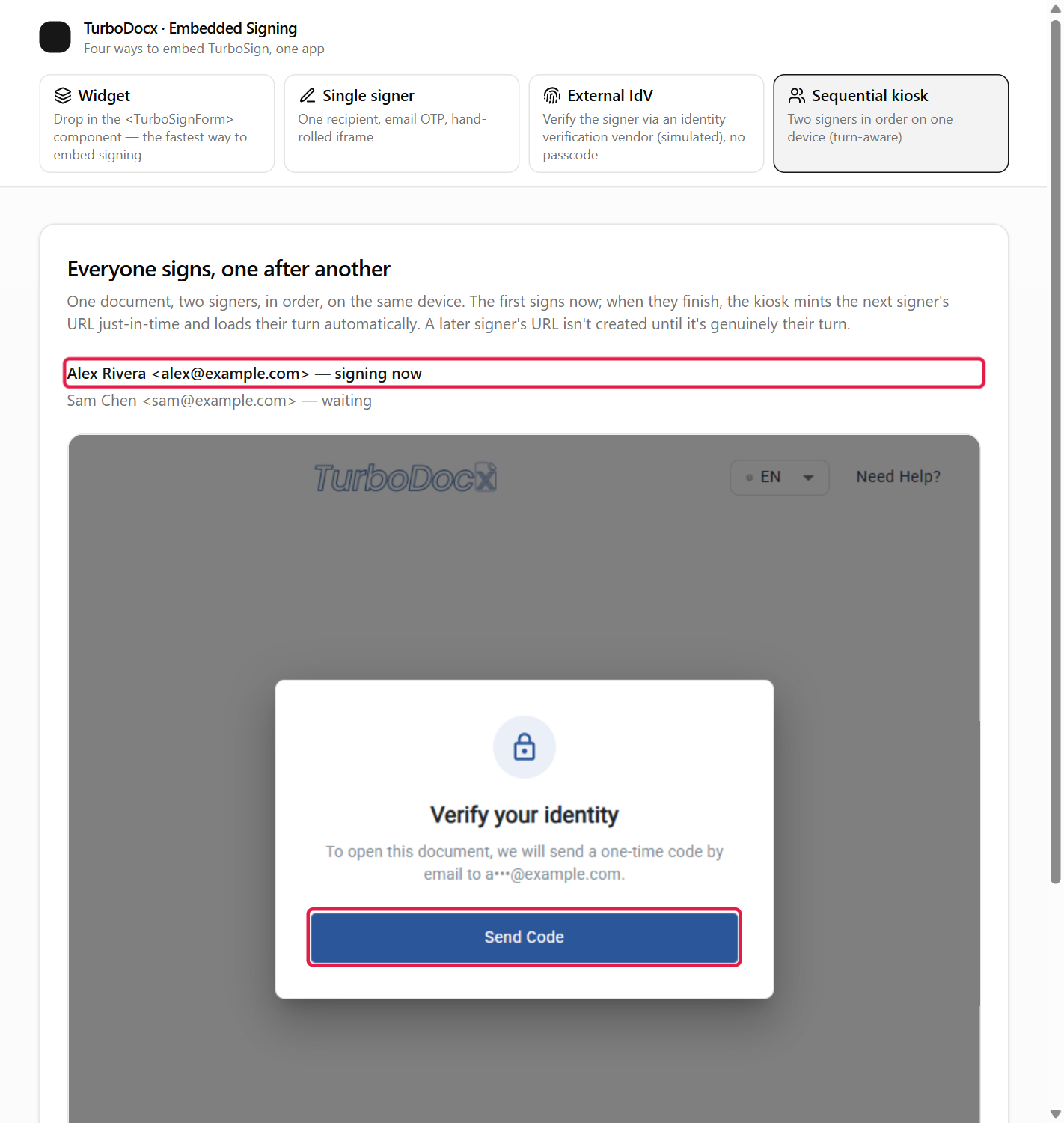 The first signer marked signing now, with the Send Code button highlighted