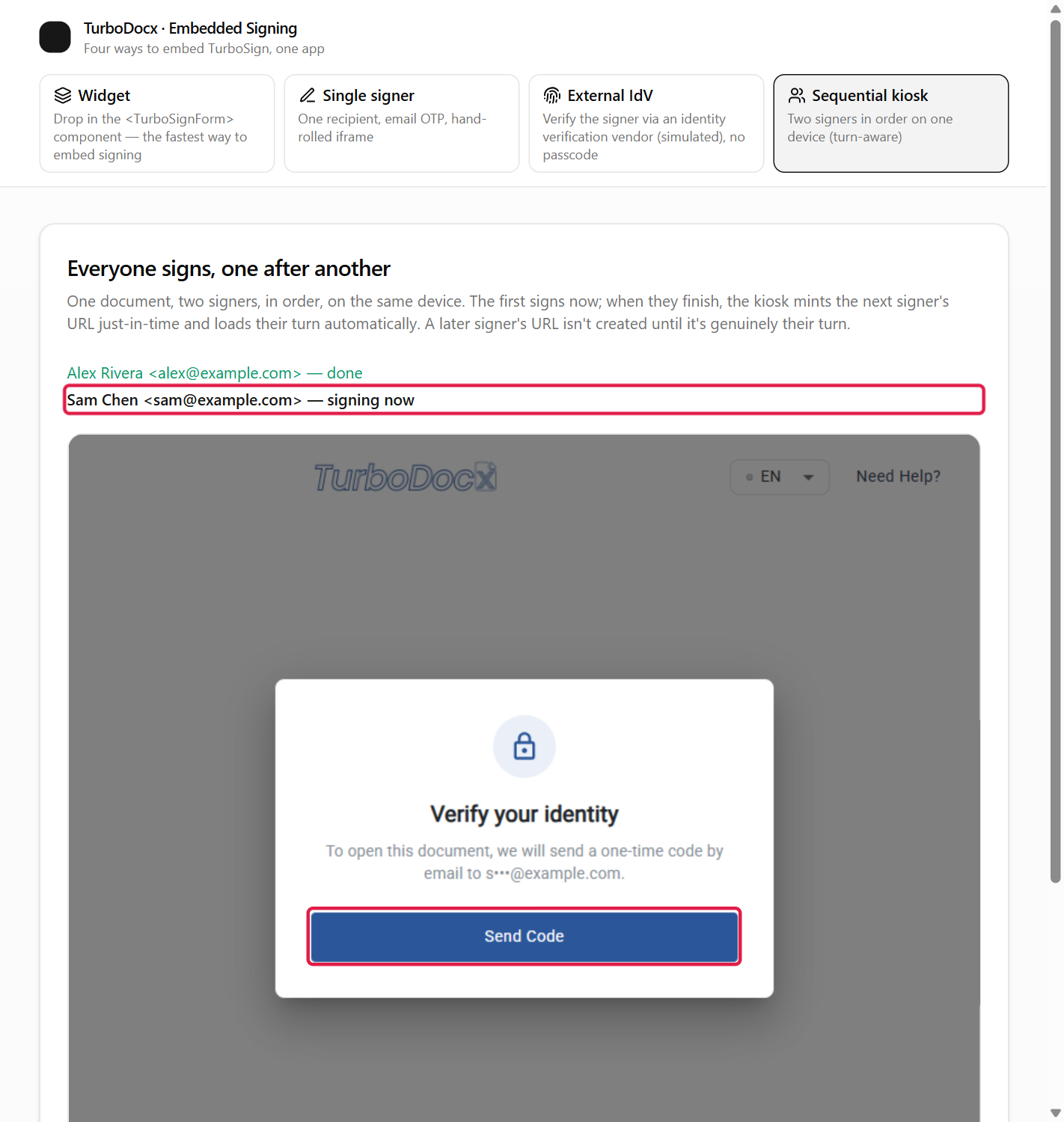 The second signer marked signing now after the first is done, with the Send Code button highlighted