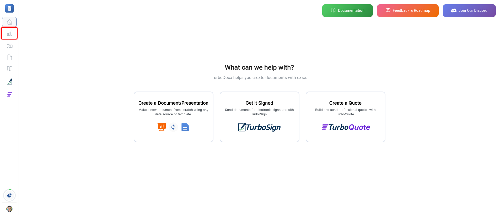 Left sidebar with the bar chart Dashboard icon highlighted