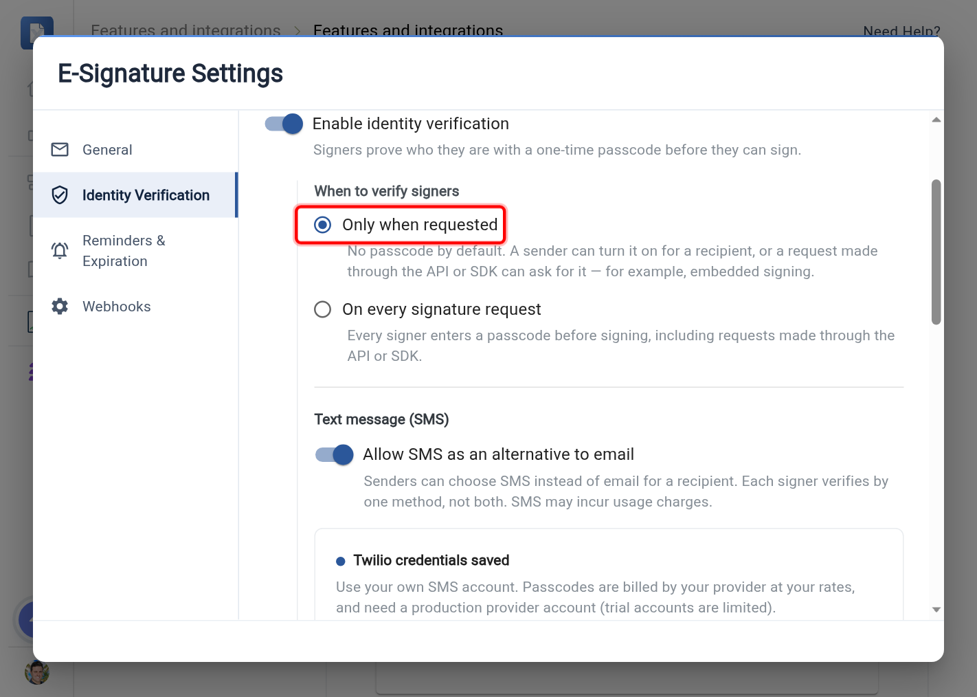 The When to verify signers options with Only when requested selected and highlighted
