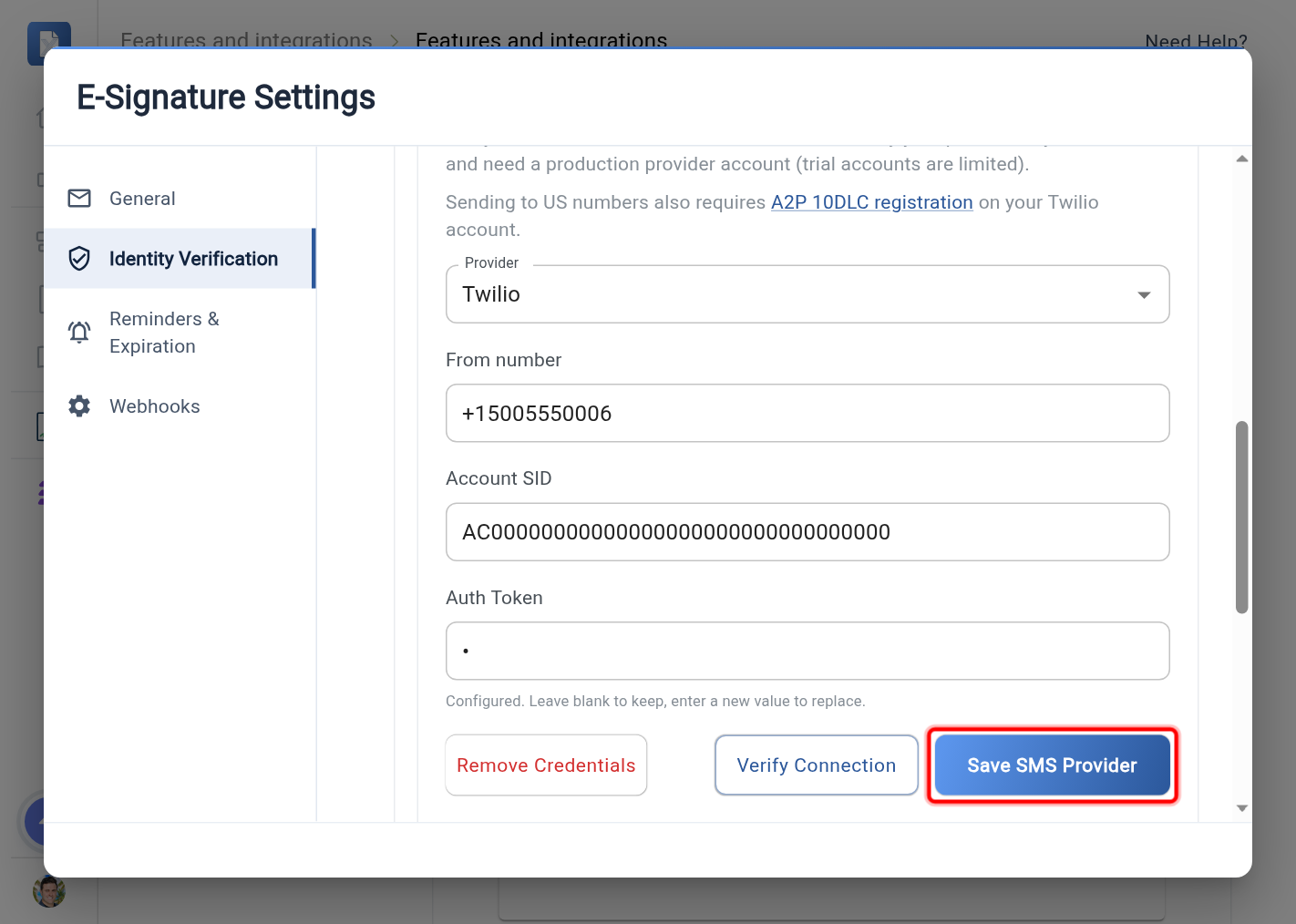 The SMS provider form with the provider, from number, credential fields, and Save SMS provider button highlighted