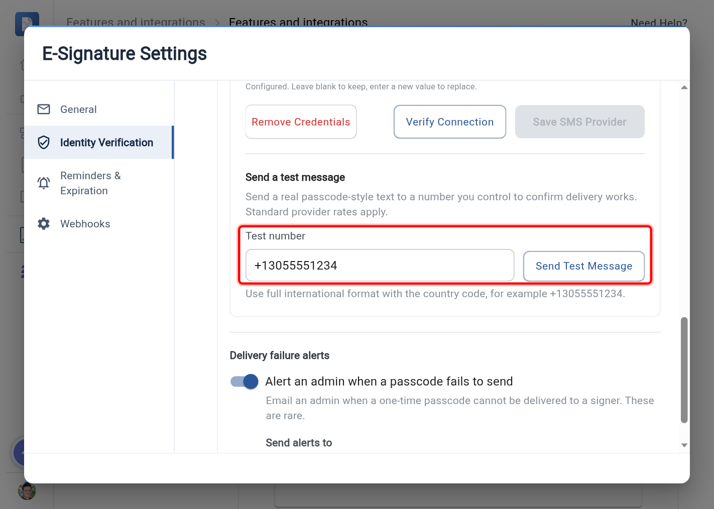 The Send a test message area with the Test number field and Send test message button highlighted