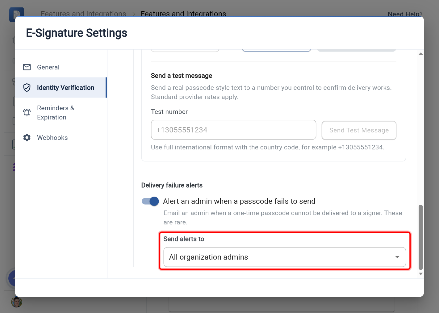 The Delivery failure alerts section with the Send alerts to selector highlighted