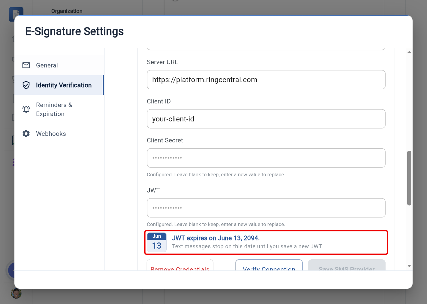 The RingCentral SMS provider form with the JWT expiration date and calendar tile under the JWT field highlighted