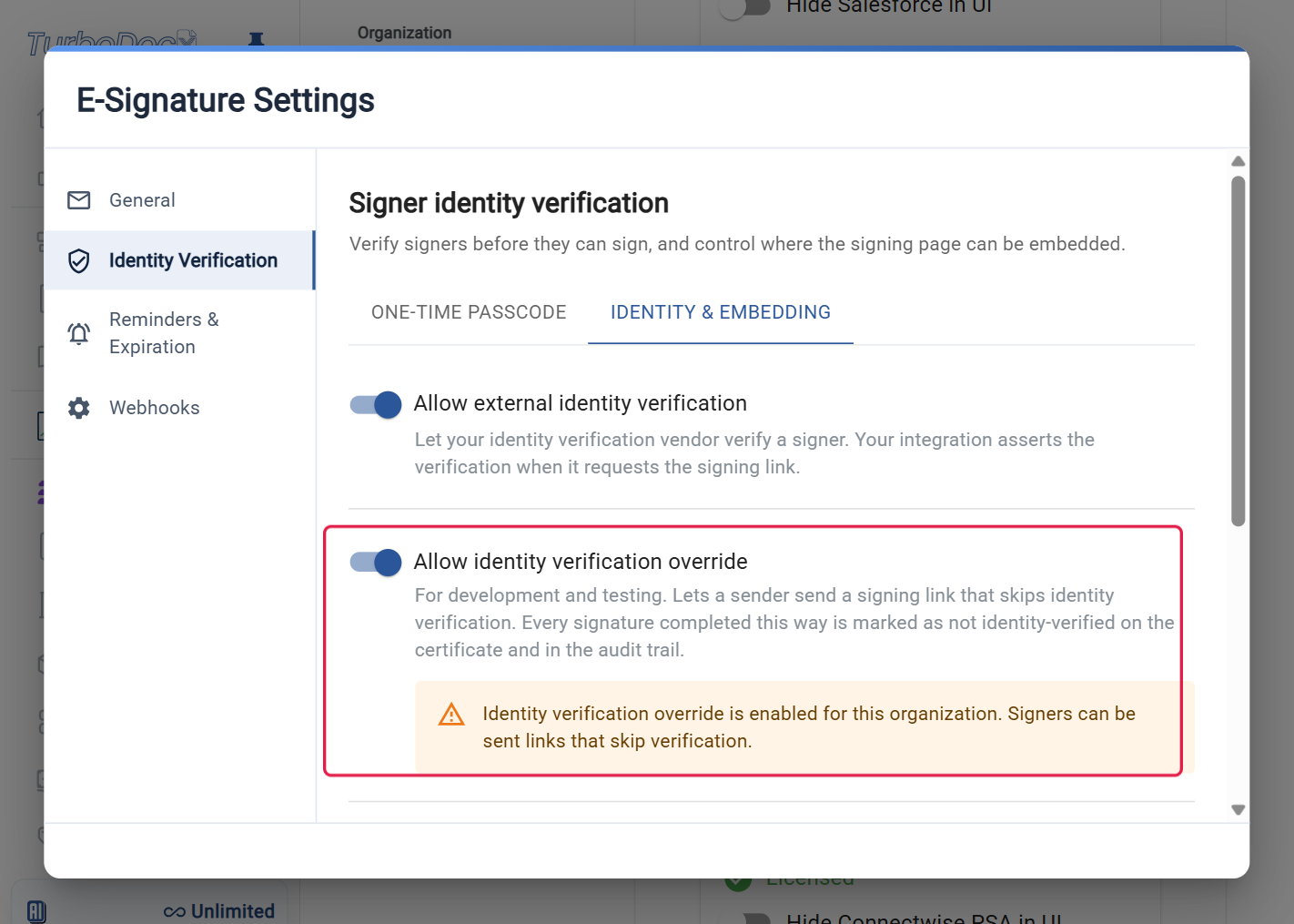 The Allow identity verification override switch turned on, with the persistent override banner below it, highlighted