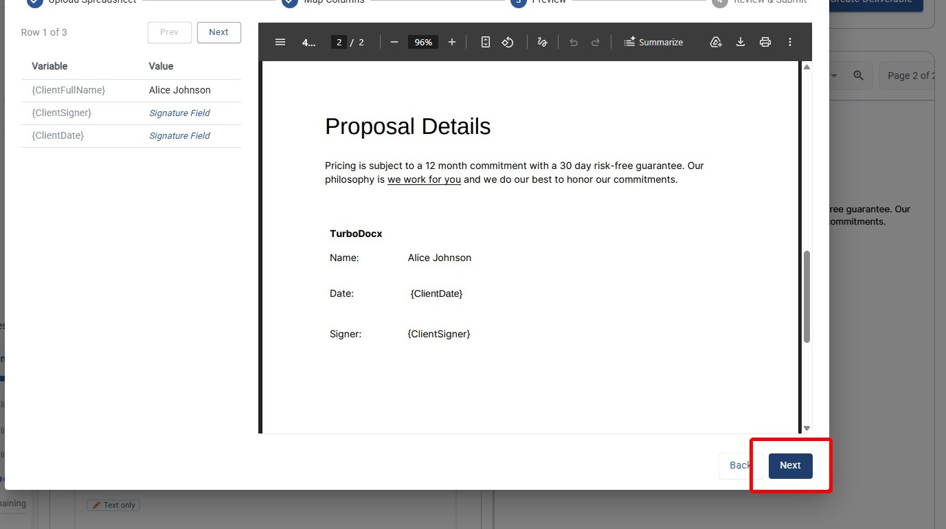 Document preview showing merged variable values