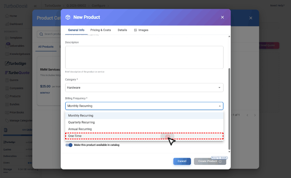 Navigate to Pricing &amp; Costs tab