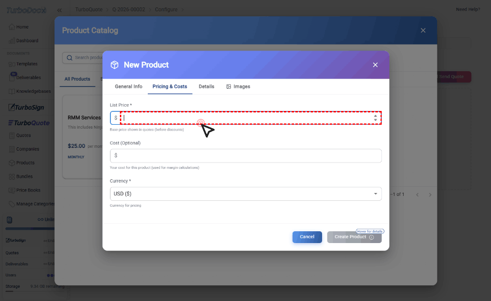 Enter the optional cost value