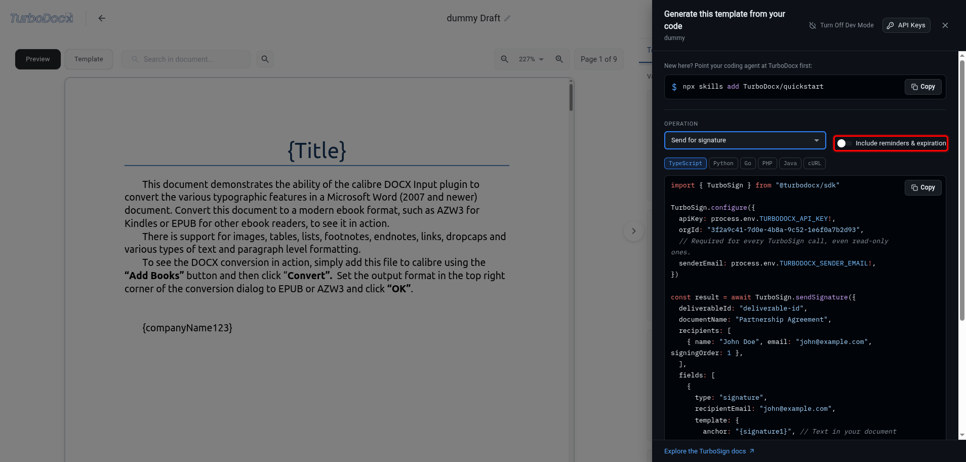 Code panel with the Include reminders and expiration switch highlighted
