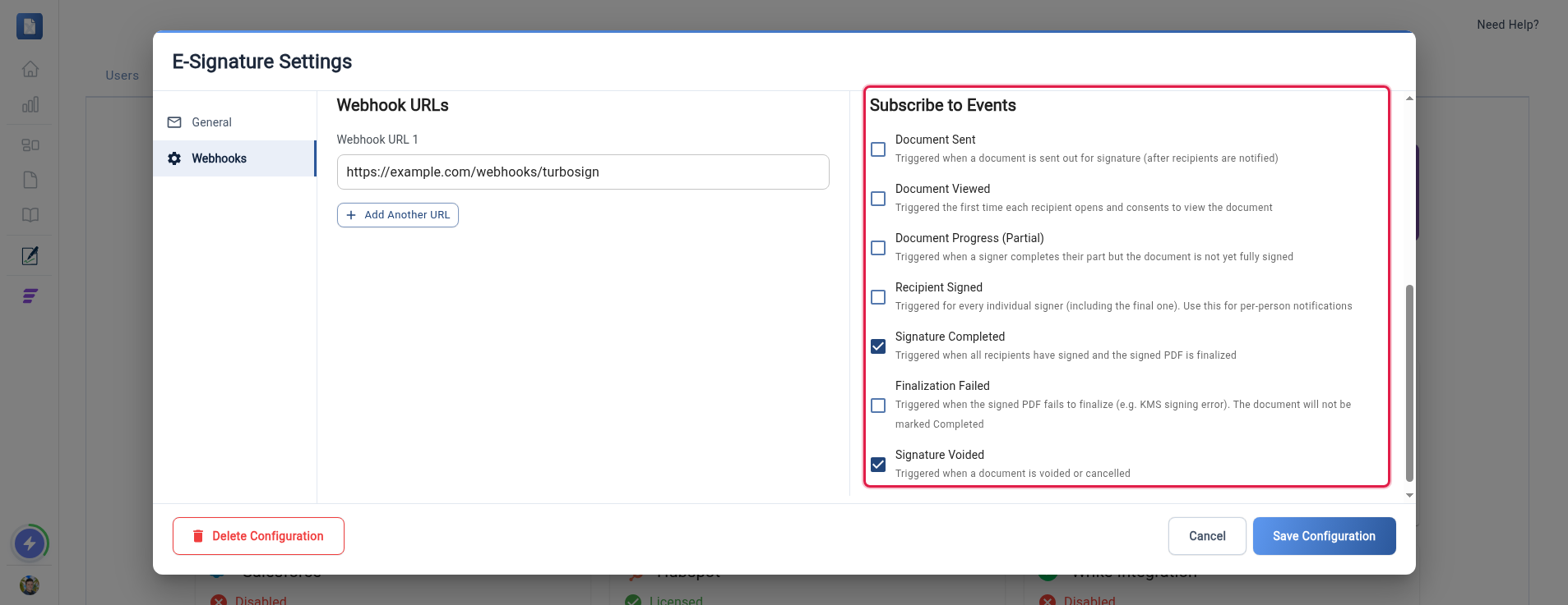 E-Signature Settings Webhooks tab showing the Webhook URLs field and the Add Another URL button