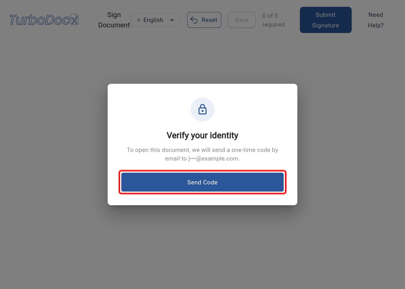 The signer's Verify your identity gate with the Send Code button highlighted