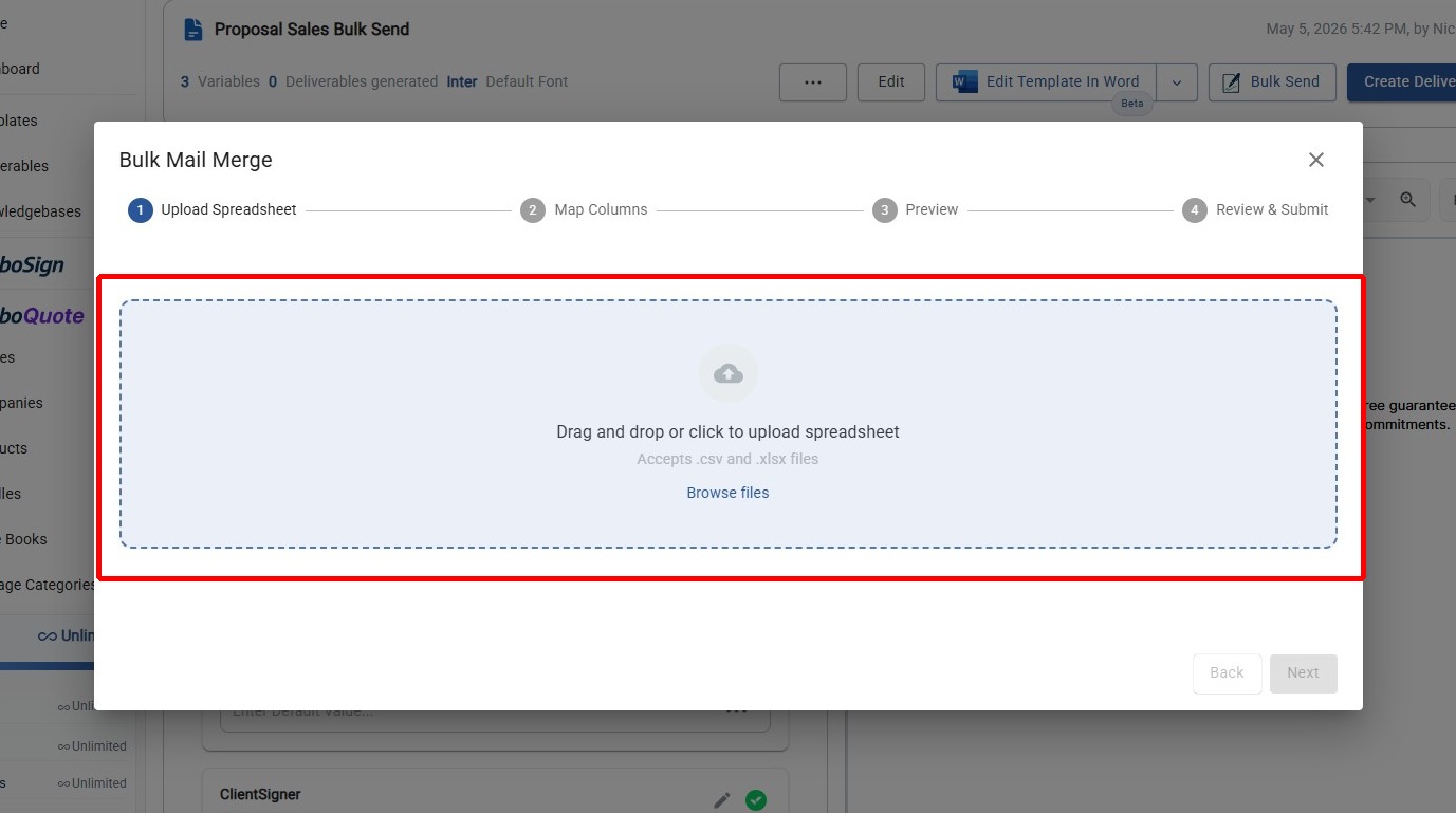 Drag and drop or browse to upload your spreadsheet