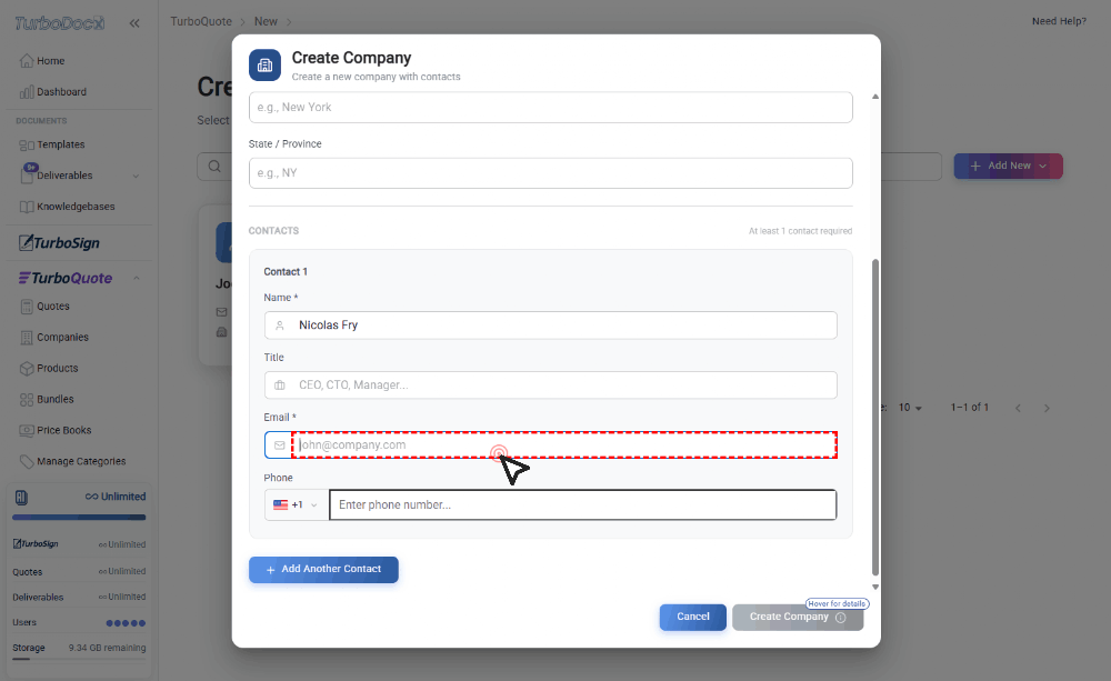 Submit the Create Company form