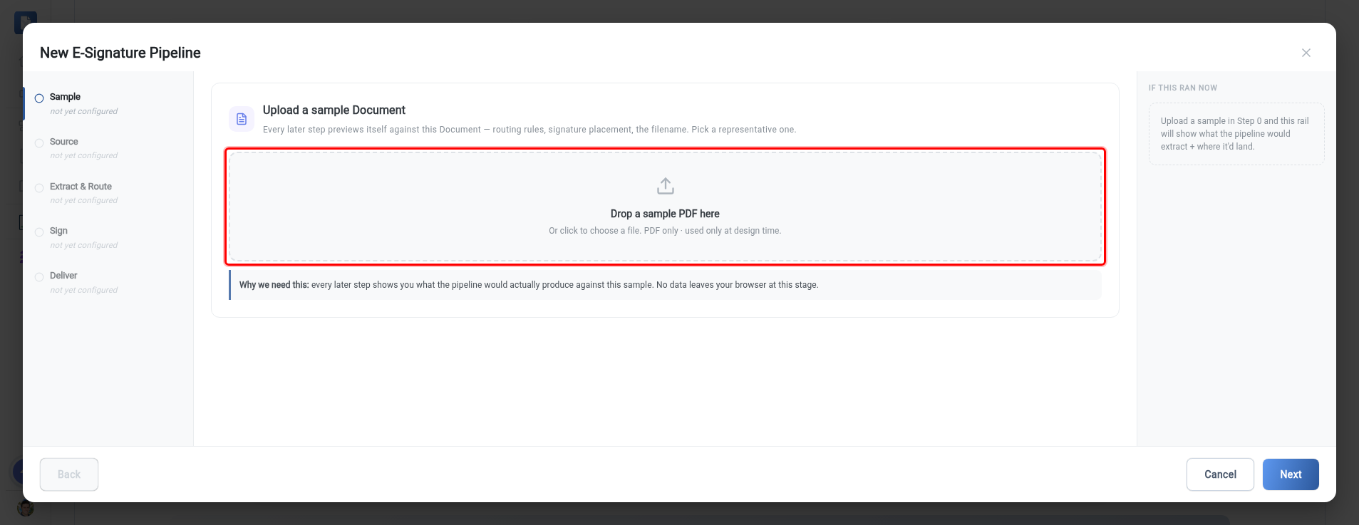 The Sample step with the PDF upload area highlighted