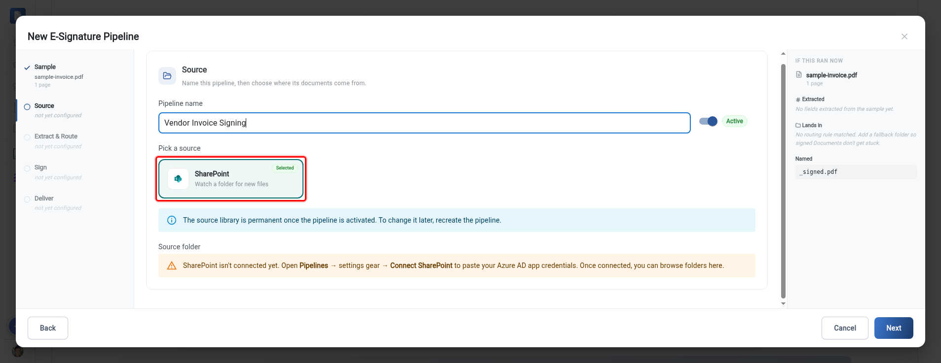 The Source step with the SharePoint source picker highlighted, below the pipeline name field