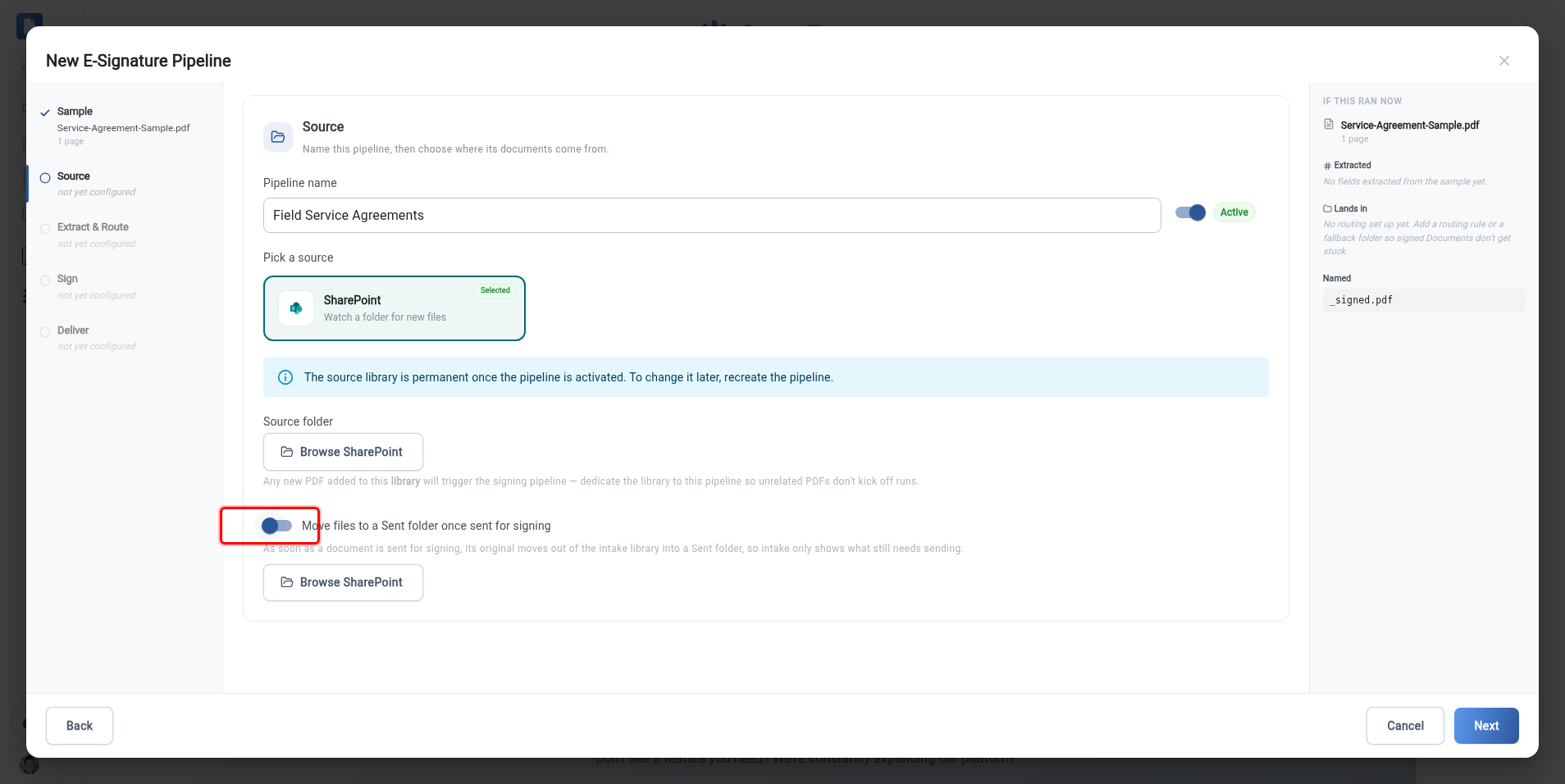 The Source step with the Move files to a Sent folder toggle highlighted