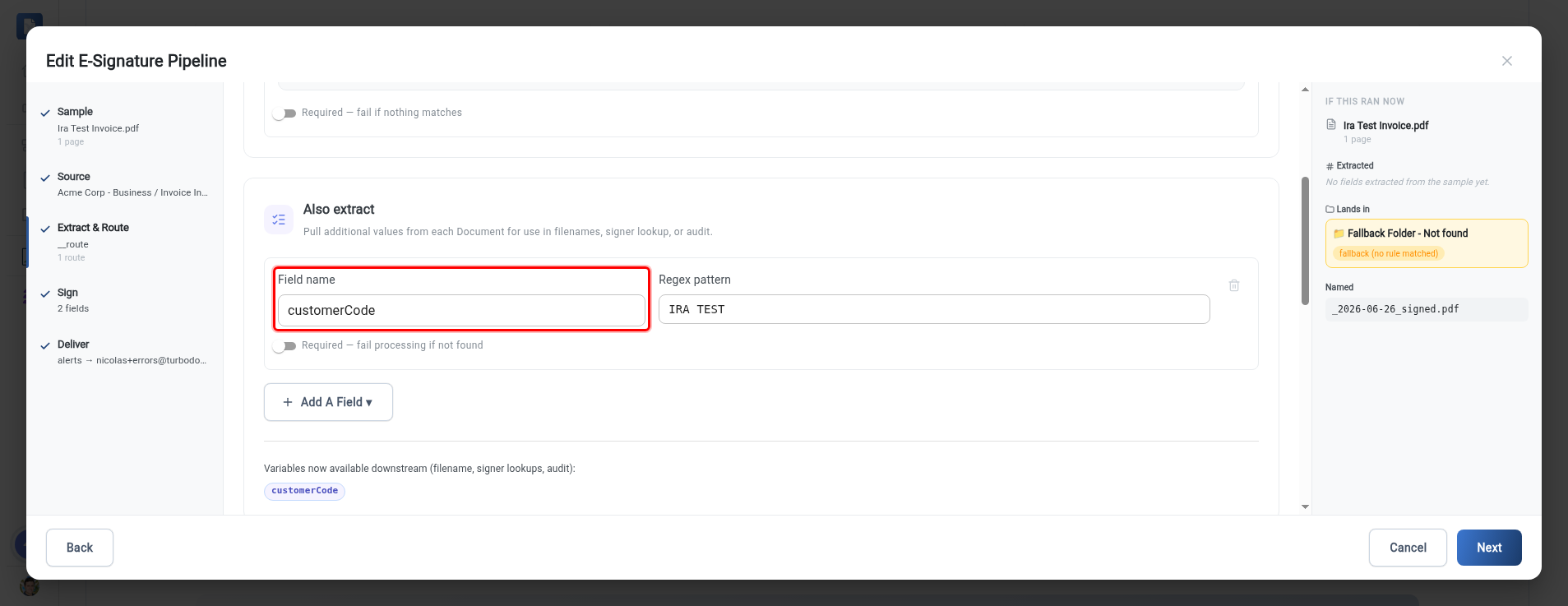 The Extract & Route step with the customerCode extraction field highlighted, above the routing rules list