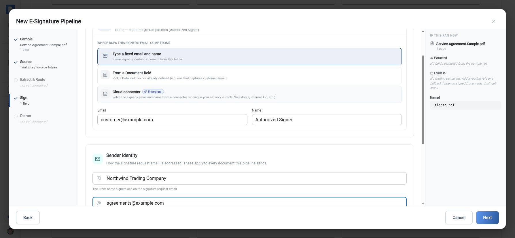 The Signers step, showing the three ways to resolve a signer: a fixed email and name, an extracted Document field, or a Cloud connector