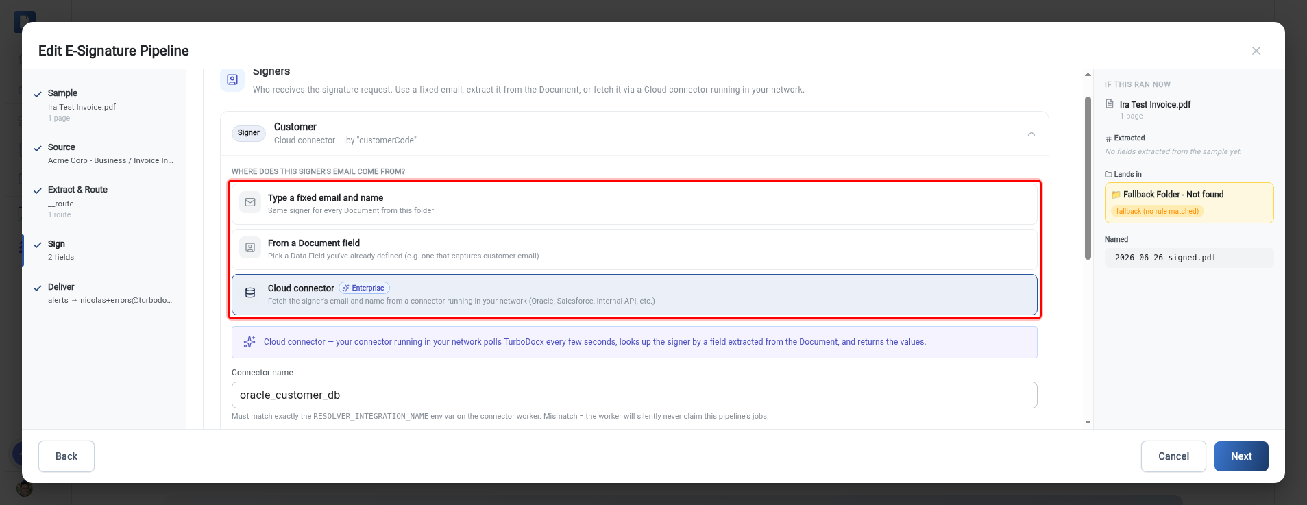 The Signers step with the three signer-resolution options highlighted: fixed email, extracted field, and cloud connector