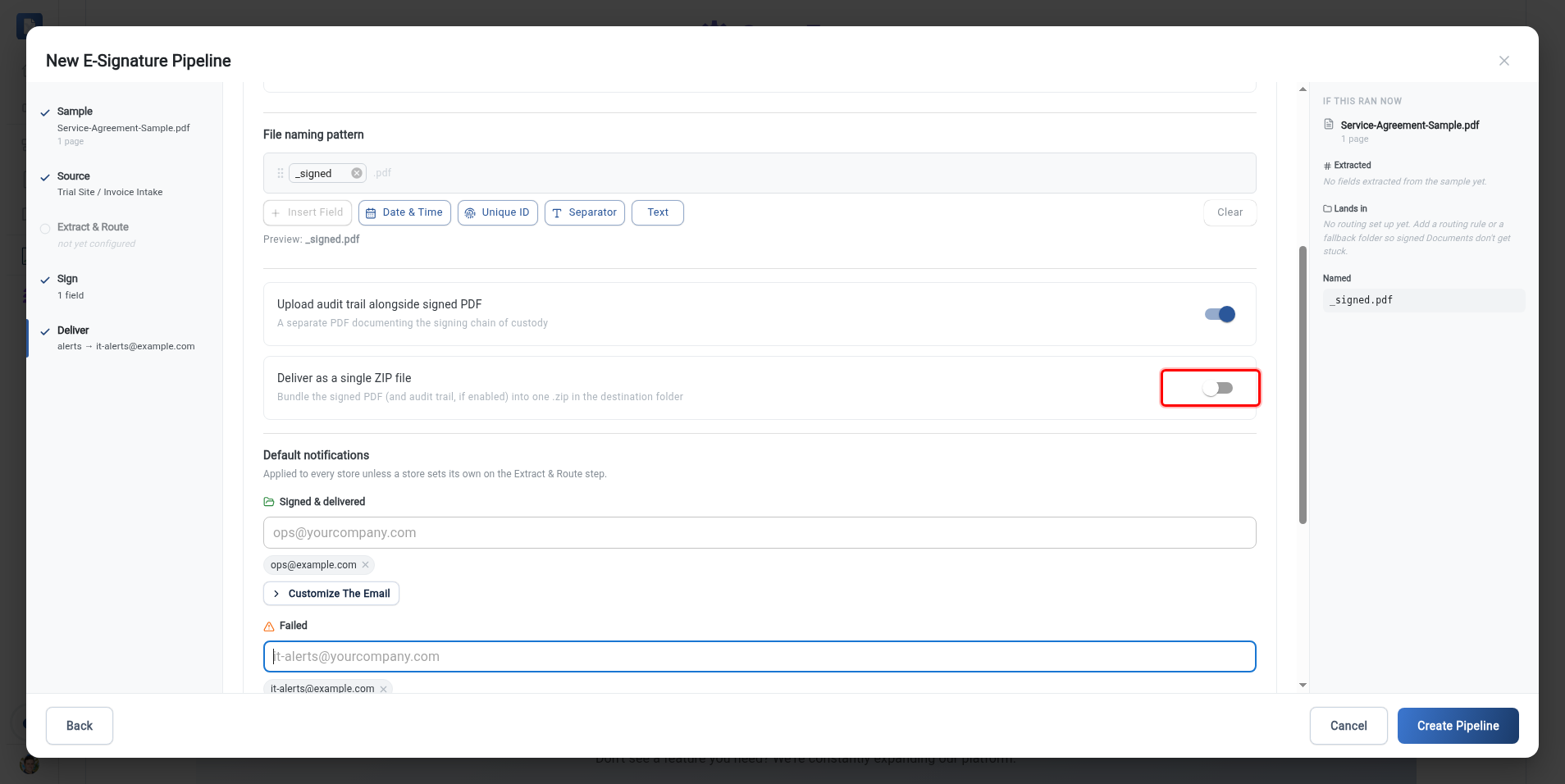 The Destination step with the Deliver as a single ZIP file toggle highlighted