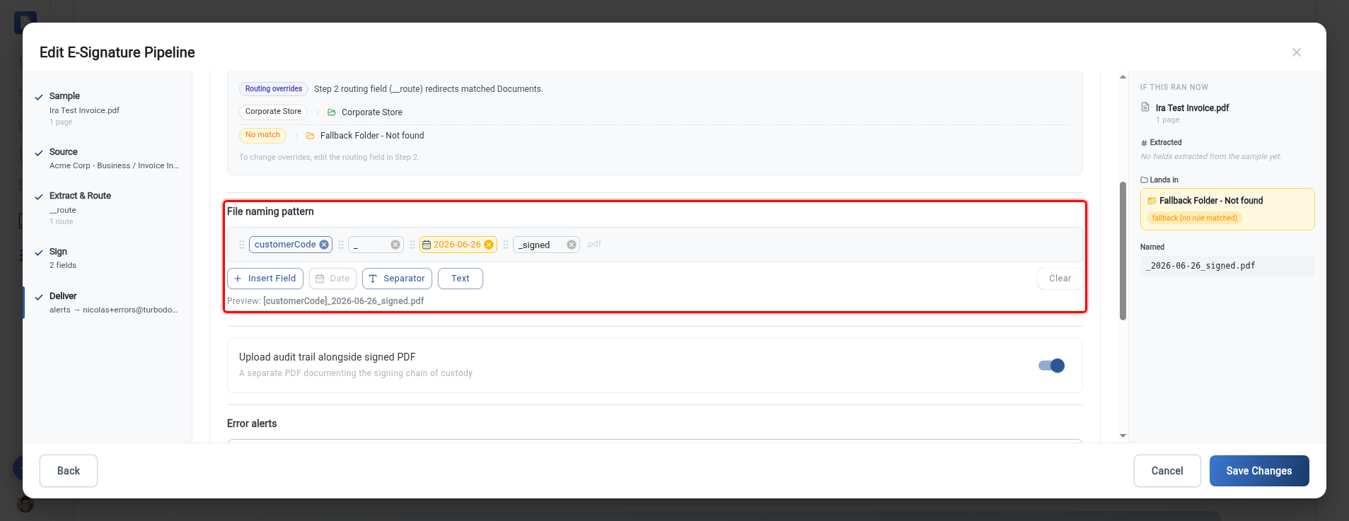 The Destination & Review step with the filename pattern builder highlighted, alongside the destination folder, audit-trail toggle, error-alert email, and review summary