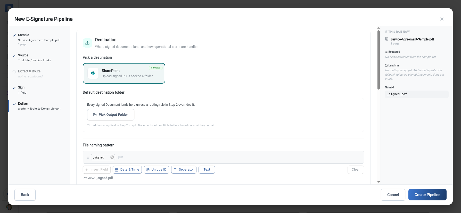 The Destination step, showing the destination picker, the default destination folder, and the filename pattern builder