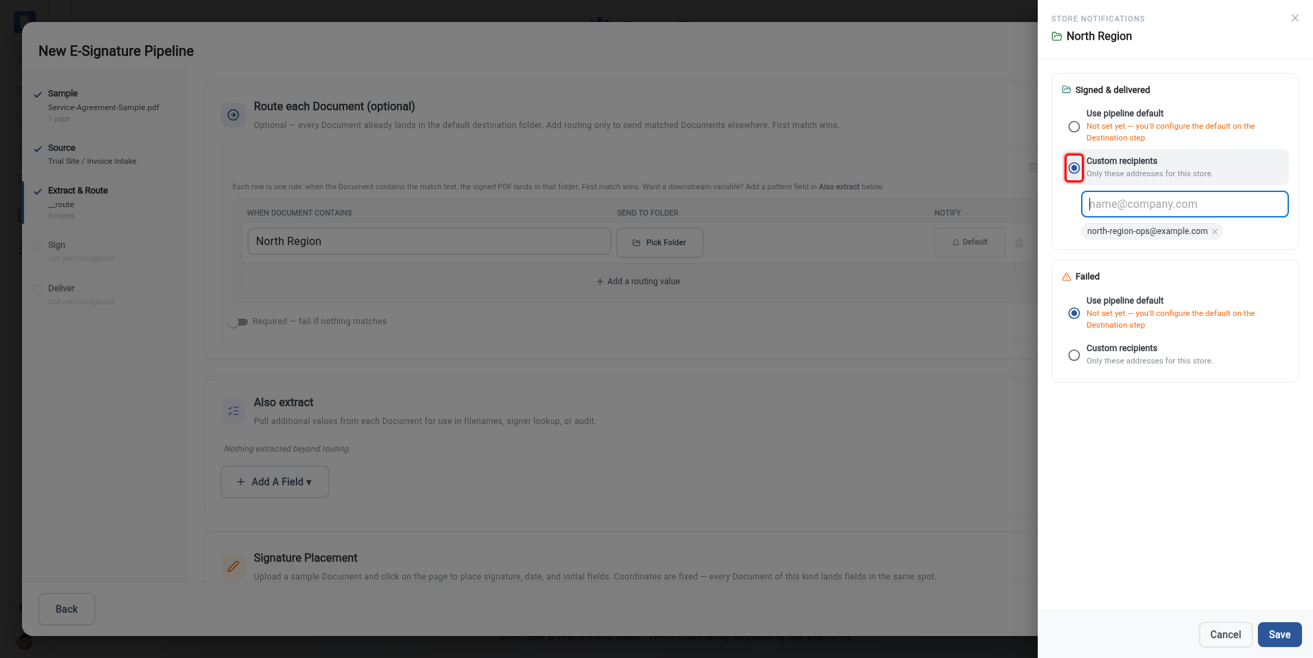 The Store notifications panel with the Custom recipients option highlighted for the Signed and delivered outcome
