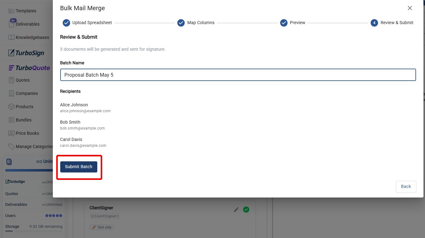 Submit Batch button on the review screen