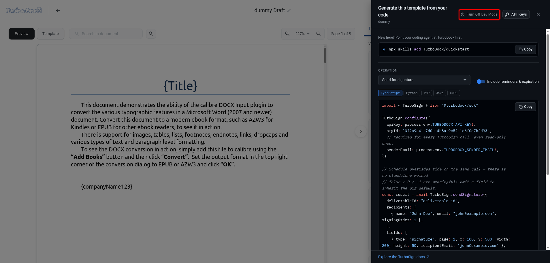 Code panel with the Turn Off Dev Mode button highlighted