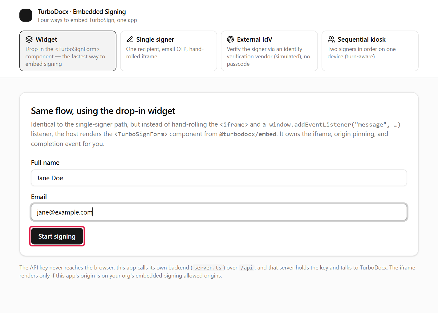 The widget page form with the Start signing button highlighted