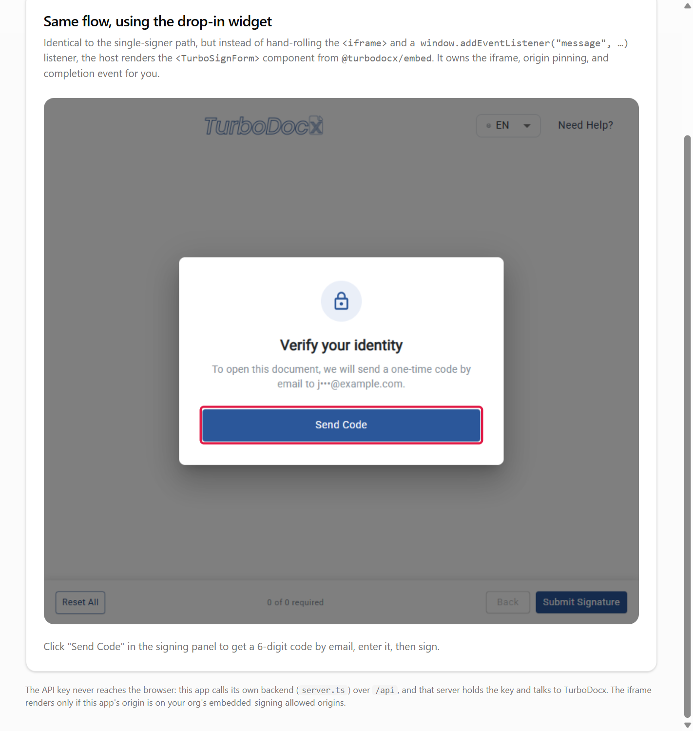 The Verify your identity panel inside the host app, with the Send Code button highlighted