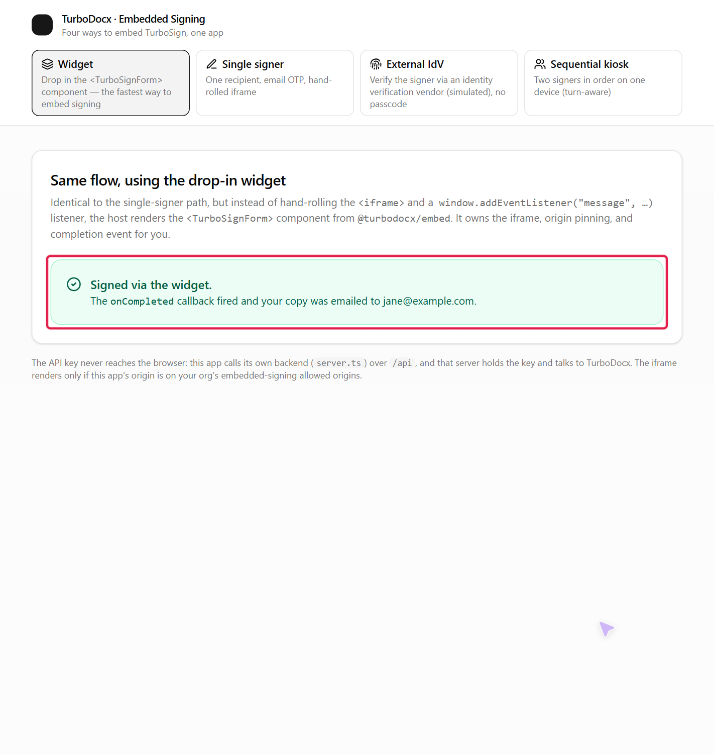 The host app's Signed via the widget confirmation highlighted