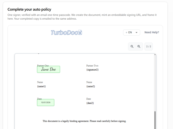 TurboDocx embedded signing sample app showing the signing panel inside a host web page